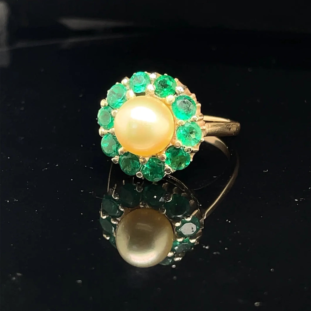 Vintage Columbian Emerald Pearl Ring 14k