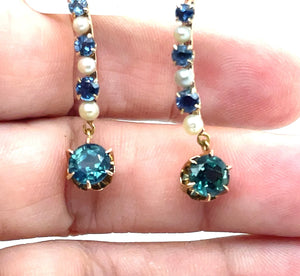Antique Teal Blue Sapphire and Pearl Earrings Montana Sapphire