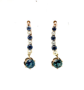Antique Teal Blue Sapphire and Pearl Earrings Montana Sapphire