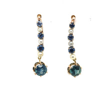 Load image into Gallery viewer, Antique Teal Blue Sapphire and Pearl Earrings Montana Sapphire