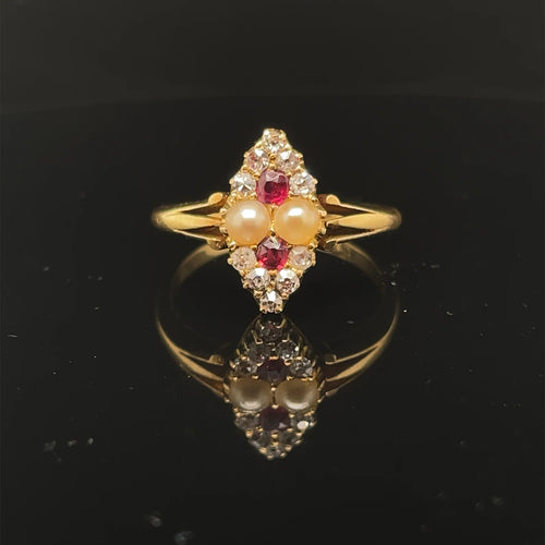 Ruby and Pearl Victorian Marquise Shaped Ring 18k