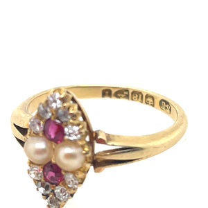 Ruby and Pearl Victorian Marquise Shaped Ring 18k