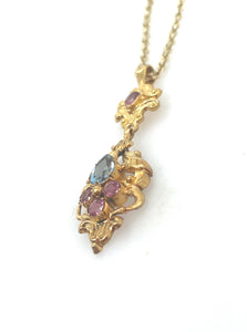 Antique Aquamarine and Pink Tourmaline Pendant 15k